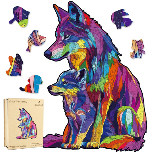 Colored Wolf Family, Wooden Jigsaw Puzzles