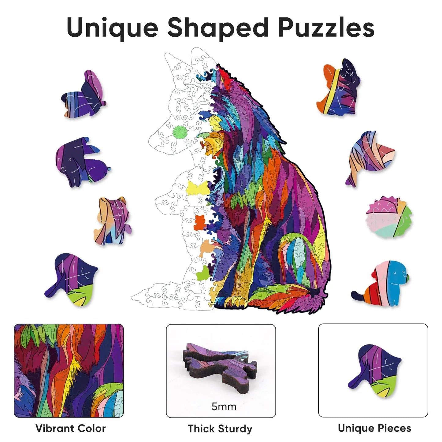 Colored Wolf Family, Wooden Jigsaw Puzzles