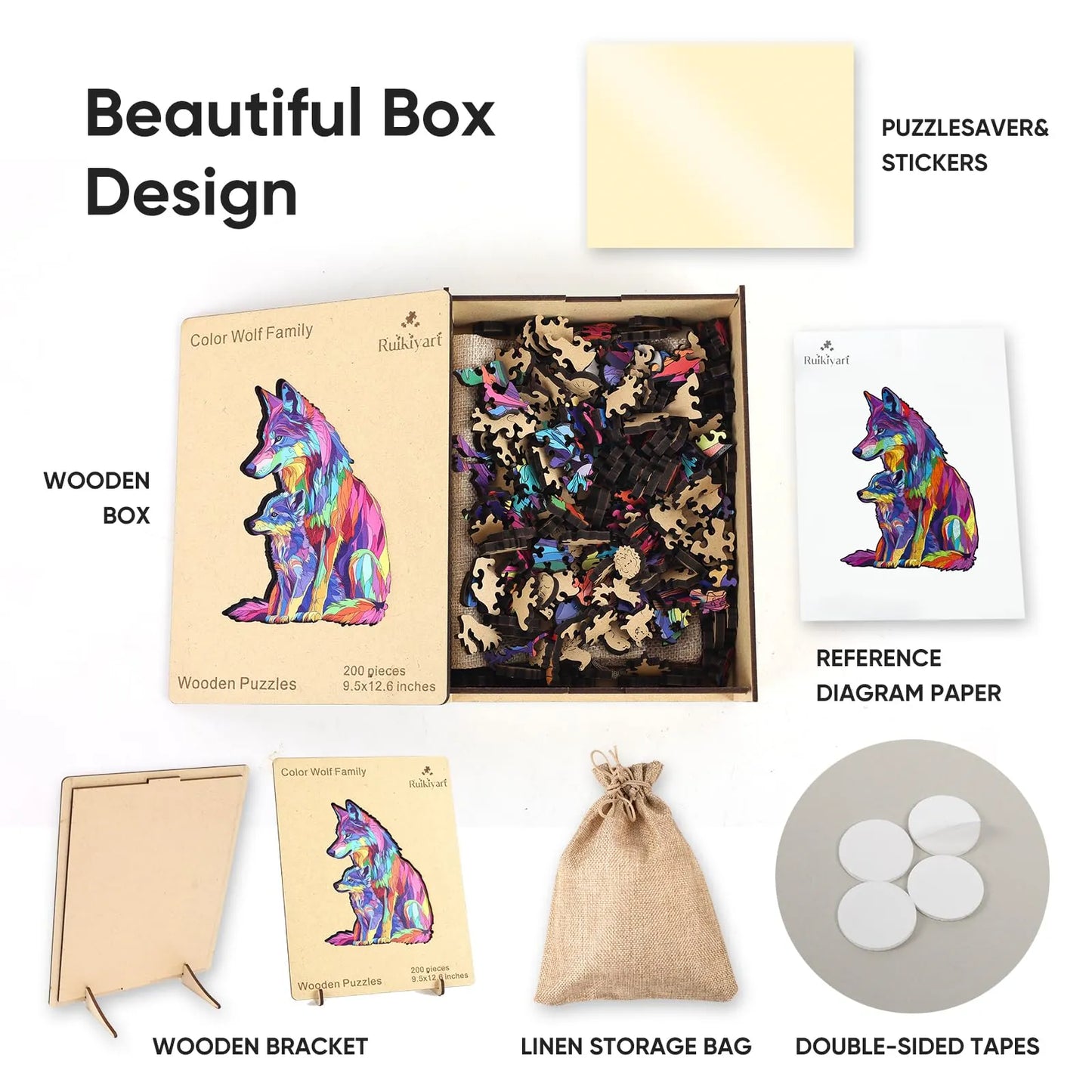 Colored Wolf Family, Wooden Jigsaw Puzzles