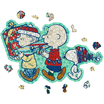 Snoopy Merry Unwrapping Wooden Jigsaw Puzzle – Officially Licensed, 300 Unique Pieces | WoodLux