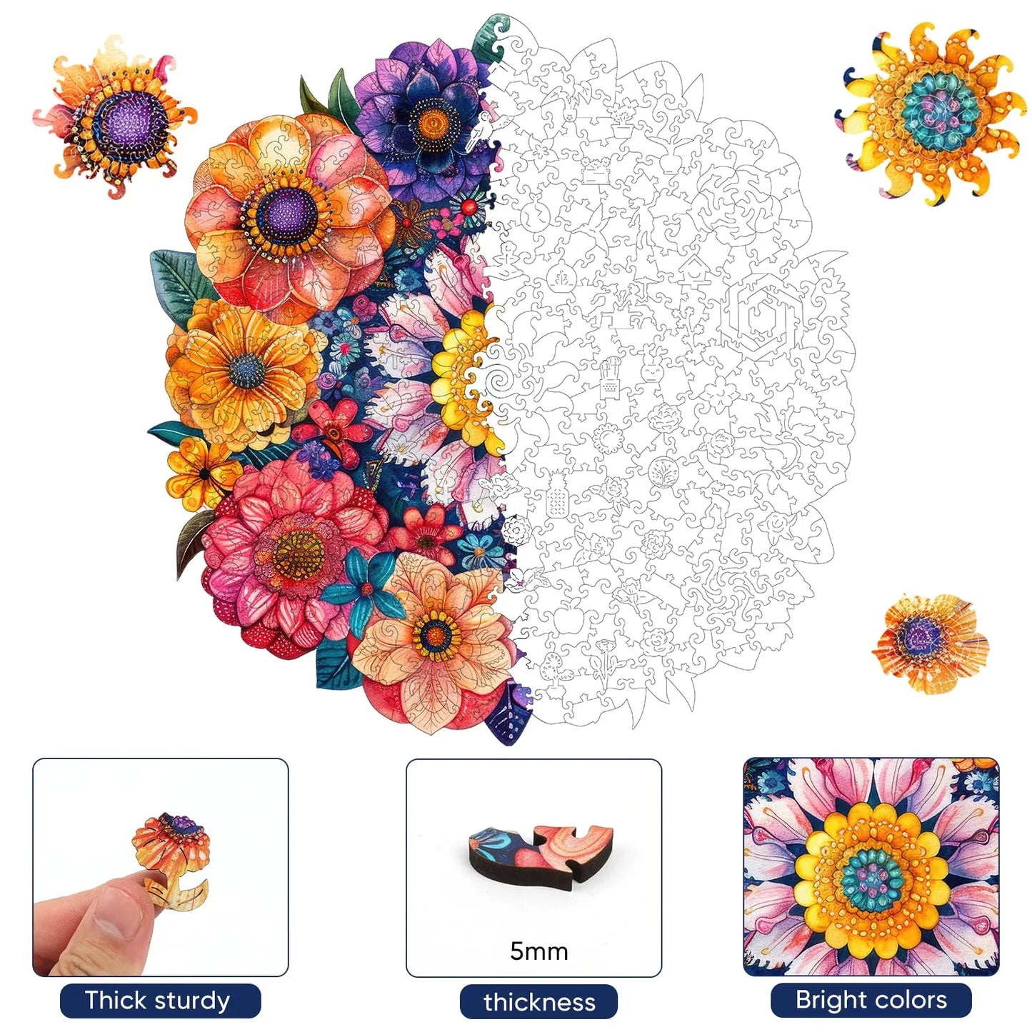 Round Flower, Wooden Jigsaw Puzzles
