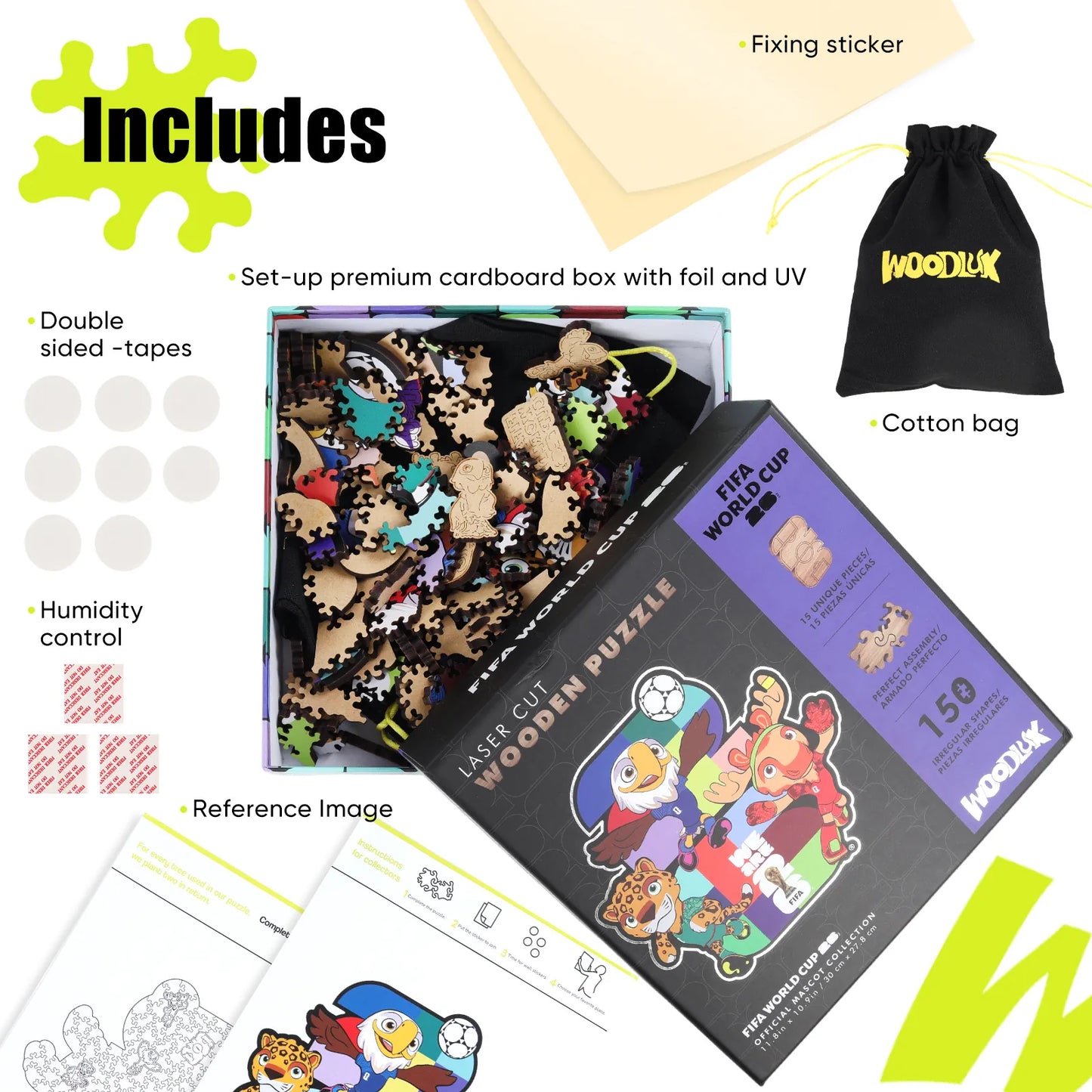 FIFA World Cup 2026 Wooden Jigsaw Puzzle | 150 Pieces, USACANMEX Mascots 26
