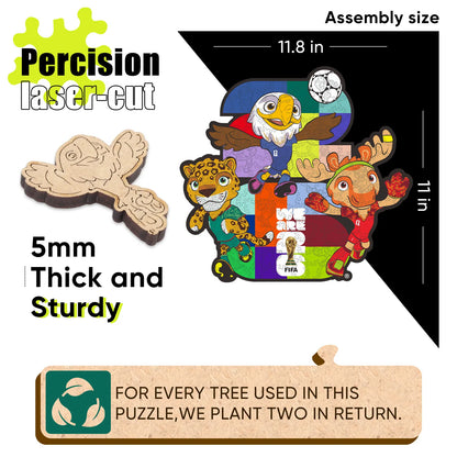 FIFA World Cup 2026 Wooden Jigsaw Puzzle | 150 Pieces, USACANMEX Mascots 26