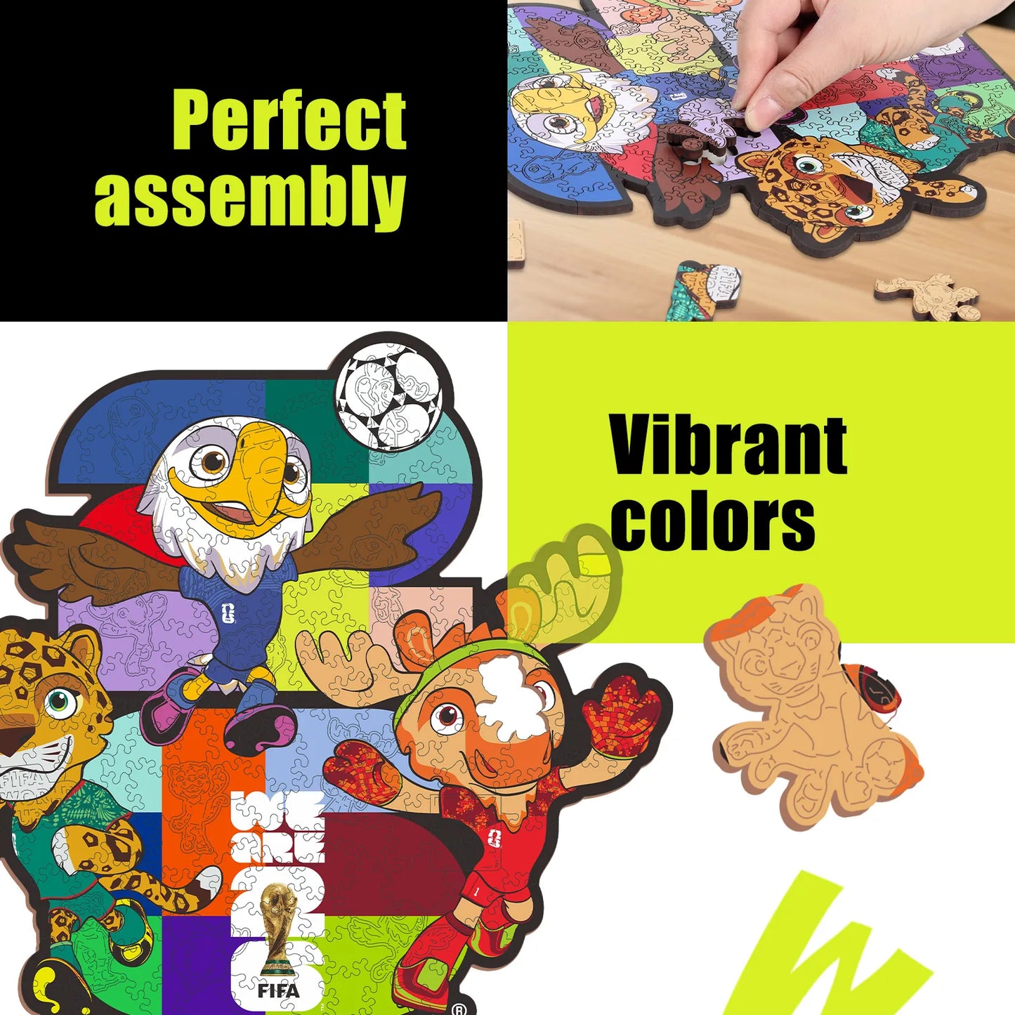 FIFA World Cup 2026 Wooden Jigsaw Puzzle | 150 Pieces, USACANMEX Mascots 26