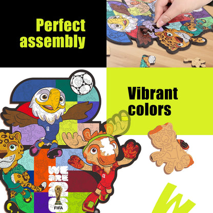 FIFA World Cup 2026 Wooden Jigsaw Puzzle | 150 Pieces, USACANMEX Mascots 26