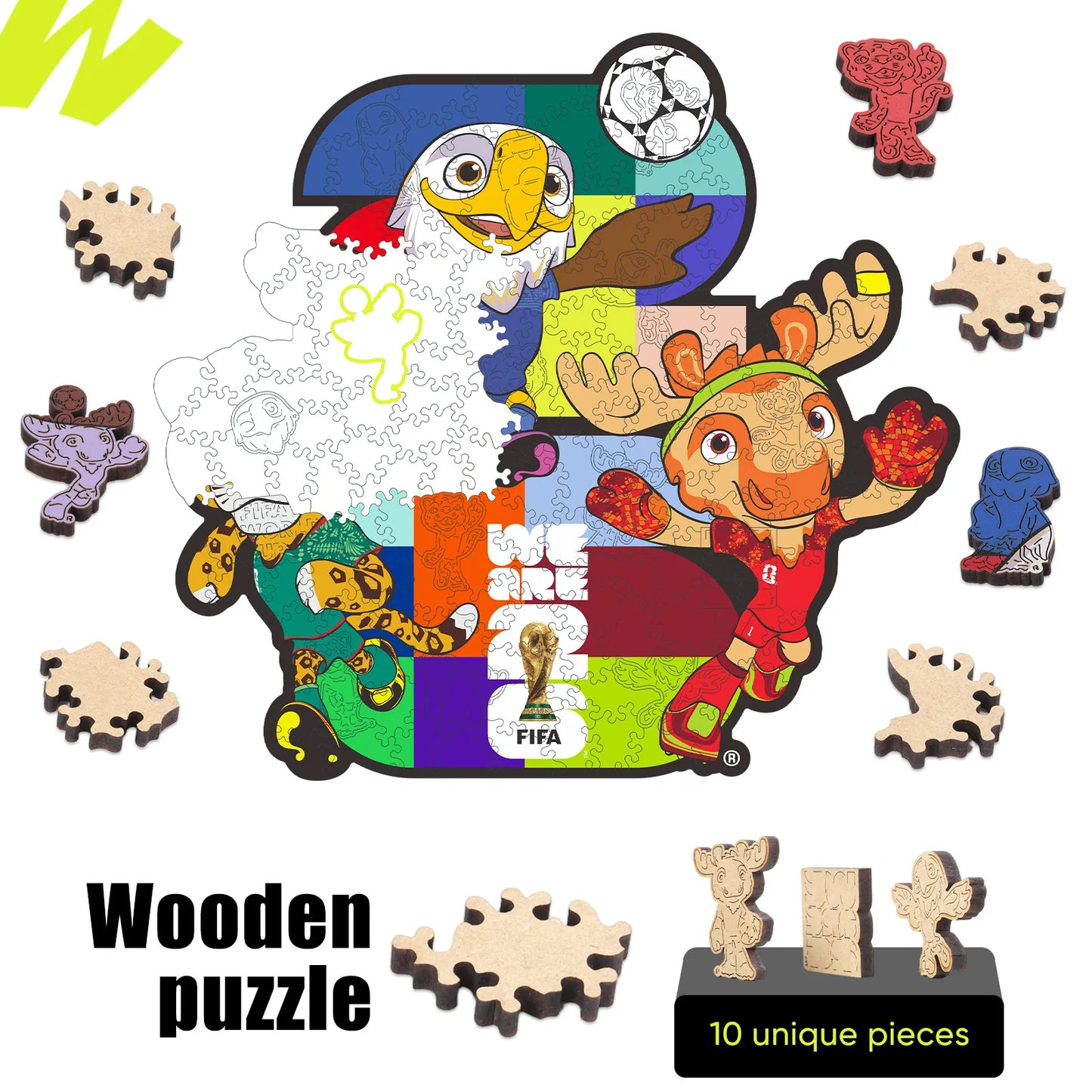 FIFA World Cup 2026 Wooden Jigsaw Puzzle | 150 Pieces, USACANMEX Mascots 26