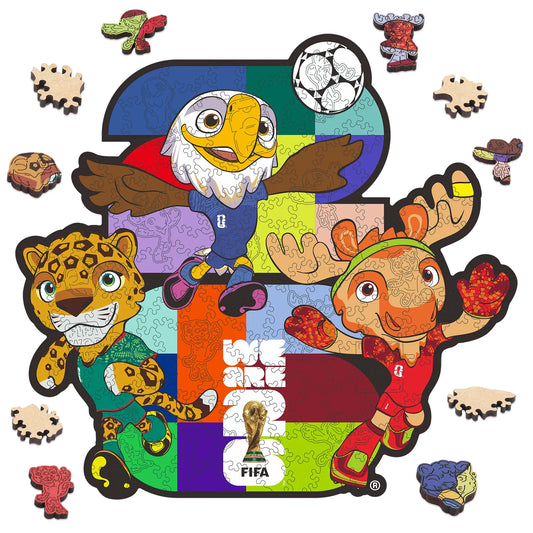 FIFA World Cup 2026 Wooden Jigsaw Puzzle | 150 Pieces, USACANMEX Mascots 26
