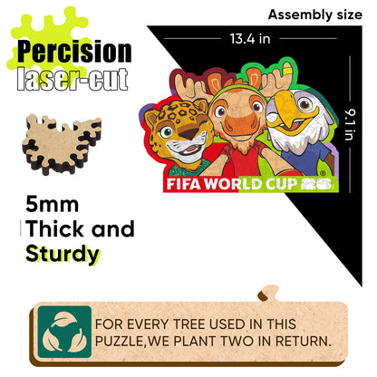 FIFA World Cup 2026 Wooden Jigsaw Puzzle | 150 Pieces, USACANMEX Mascots